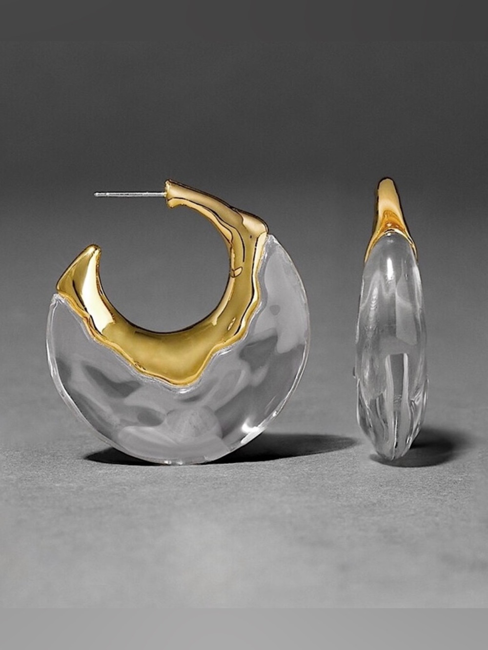 Alexis Bittar Gold and Clear Liquid Lucite Hoop Earrings